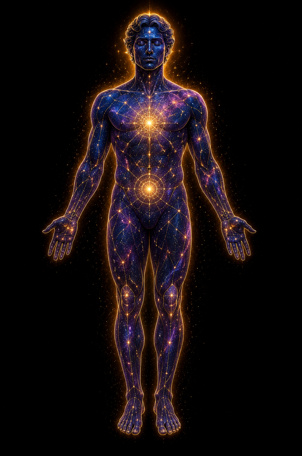 A luminous cosmic human figure — a body of stars and constellations — representing the Kalapurusha, the twelve signs mapped from head to feet.