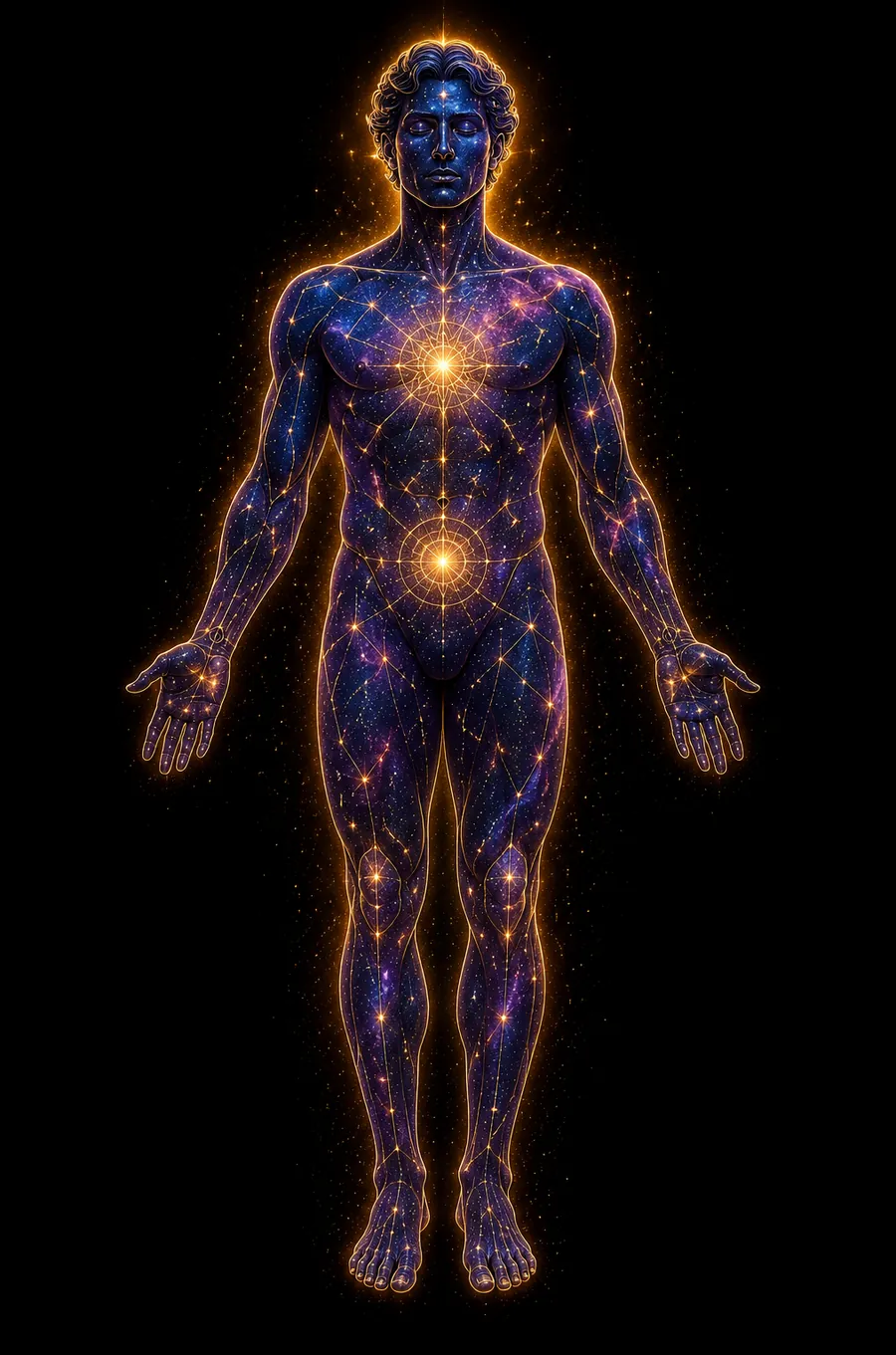 A luminous cosmic human figure — a body of stars and constellations — representing the Kalapurusha, the twelve signs mapped from head to feet.